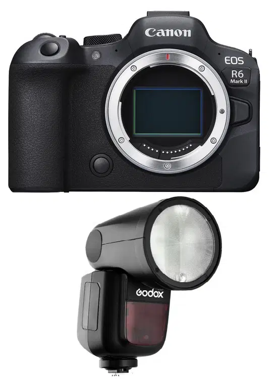 كاميرا كانون EOS R6 Mark II بدون مرآة - هيكل فقط + فلاش Godox TTL LI-ION دائري لكاميرا كانون (V1C)