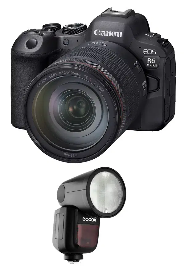 Canon EOS R6 Mark II RF24-105mm Lens Kit + Godox TTL LI-ION Round Flash for Canon (V1C)