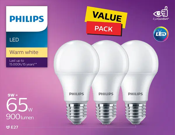 Philips LED Non Dimmable Bulb 9W E27 3000K 3PCS (PHI-929002299286)