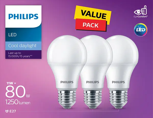 Philips LED Non Dimmable Bulb 11W E27 6500K 3PCS
