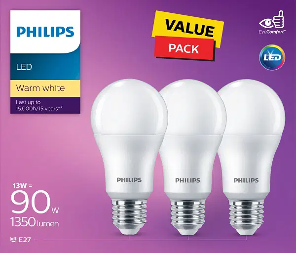 Philips LED Non Dimmable Bulb 13W E27 3000K 3PCS (PHI-929002305086)
