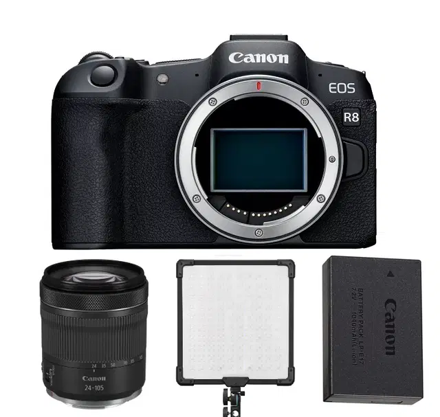 EOS R8 BODY + LP17 Battery + Canon RF 24-105mm F4-7.1 IS STM (EOSR8-B) + FH50R (GODOX LED)