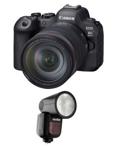 طقم عدسة Canon EOS R6 Mark II RF24-105mm + فلاش Godox TTL LI-ION دائري لكاميرا Canon (V1C)