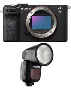 Sony α7C II Compact Full-Frame Camera Body Only (ILCE-7CM2/B) + Godox TTL LI-ION Round Flash for Sony (V1S)