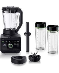 Braun Premium Power Blender, 1600W, 2L, Smoothie Maker PowerBlend 9 with 18 Functions, Unique Triangular Tritan Jar, 2 Smoothie2Go Bottles for Hot Soup, Chop, Ice Crush, Ice Cream and Spread, JB9042, Black
