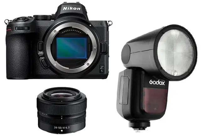 طقم نيكون Z5 مع عدسة 24-50، كاميرا بدون مرآة بإطار كامل + مصباح Godox TTL LI-ION دائري
